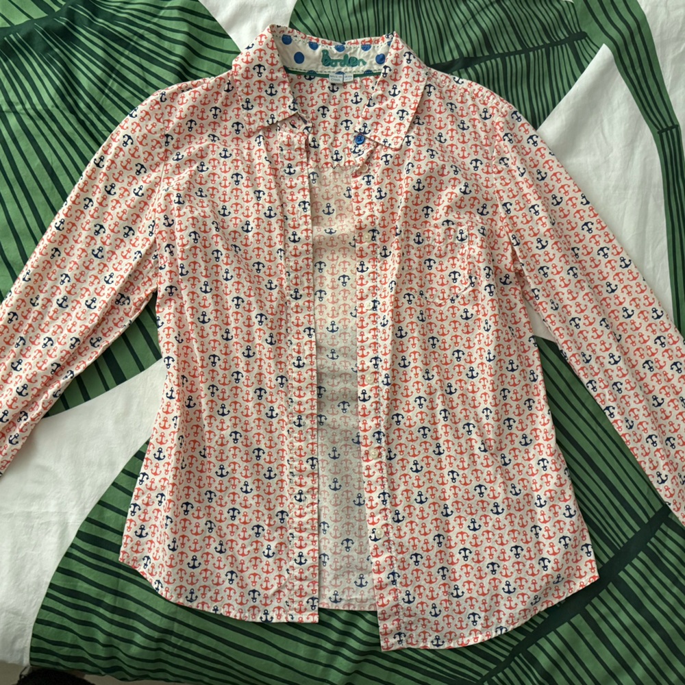 Boden Red and White Button Down Shirt with Anchors